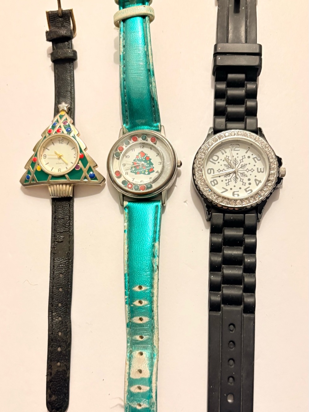 Set of 3 Novelty Wristwatches - Christmas Tree, Teal Metallic, Black Snowflake